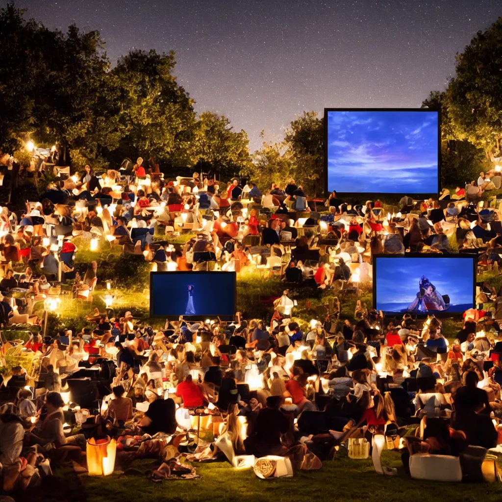 Prompt: outdoor cinema screen with moviegoers, giant popcorn bucket, at night symmetrical rule of thirds