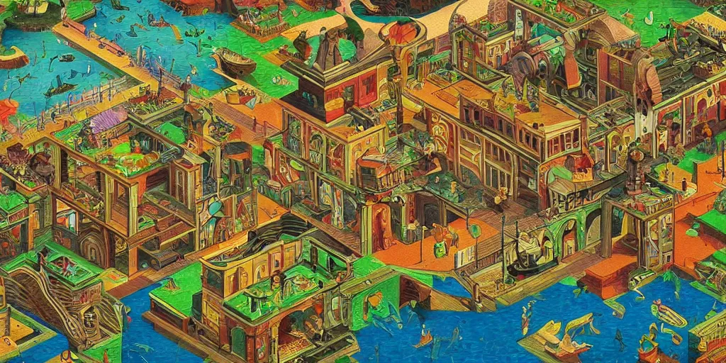 Image similar to virtual art museum in a 9 0's video game in the style of mc escher and heironymus bosch, colorful intricate masterpiece, hyper detailed, hd, sharp focus