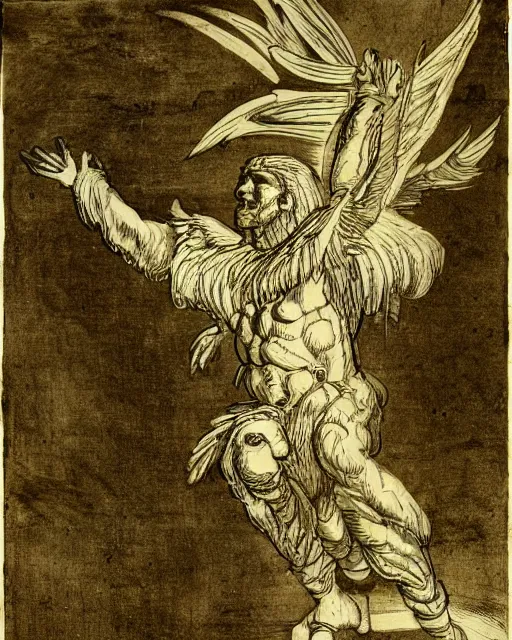 Image similar to human - eagle creature with one big beak, drawn by da vinci