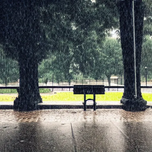 Image similar to a photo of a fluffy monster sitting at a park bench alone in the rain, moody, nostalgic, 8 k uhd