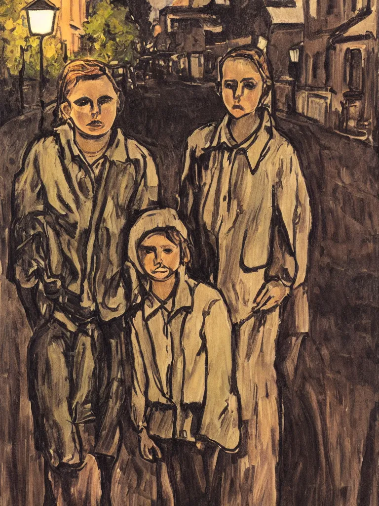 Image similar to backlit portrait of 2 kids posing at night, by alice neel, high definition, intricate details, atmospheric, town square, vegetation, small town