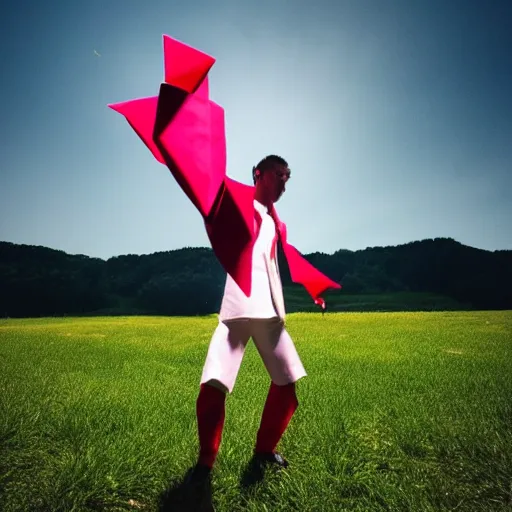 Prompt: a man made of origami dancing on a meadow, cinematic light