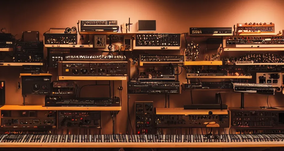 Prompt: a shelf of amazing synthesizers, cinematic lighting, detailed, beautiful colors, by greg rutowski and studio ghibli