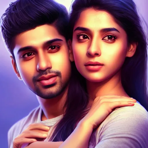 Prompt: theatrical press release ; indian young male and female couple sharing one heart ; stunning digital artwork by artgerm ; cinematic movie pose ; photorealistic, hyperrealistic, dramatic soft rim light ; highly detailed ; face by wlop ; trending on artstation ; cinematography from music video ; symmetrical, high coherence