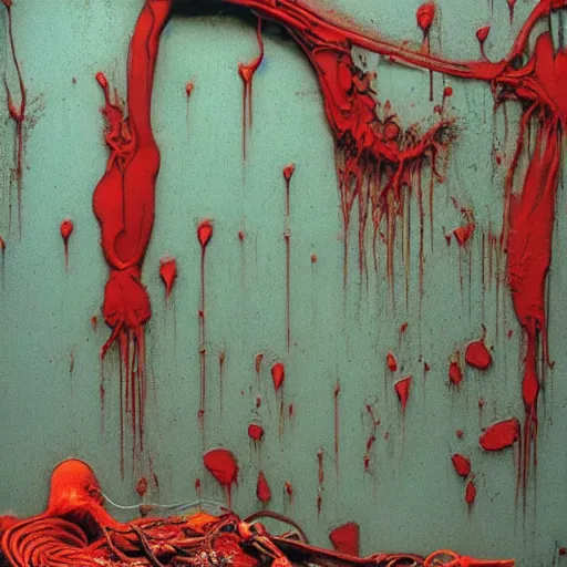 Image similar to cyberpunk rotting torso flesh decay, lacerations, dripping splattered red oil, by giger and zdzisław beksinski, surrealism dark art by james jean, electrical wiring and broken machines, cables veins tendons blood, degraded, autochrome, film grain, light leaks, stains