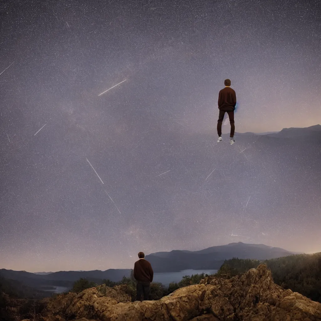 Image similar to twenty year old man with brown hair, with his hands in his pockets, looking over a cliff at a beautiful landscape of rivers and mountains as a meteor shower happens overhead