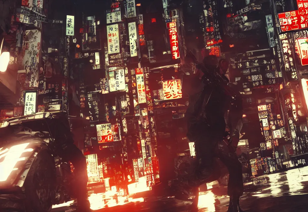 Image similar to film produced by madhouse and directed by takeshi koike tokyo streets cyberpunk style max payne blood trending on artstation cinematic octnae render 8 k