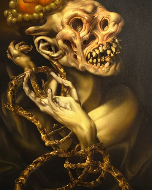 Image similar to refined gorgeous masterwork oil painting with black background by christian rex van minnen rachel ruysch dali todd schorr of a chiaroscuro portrait of an extremely bizarre disturbing mutated man with shiny skin acne dutch golden age vanitas intense chiaroscuro cast shadows obscuring features dramatic lighting perfect composition masterpiece