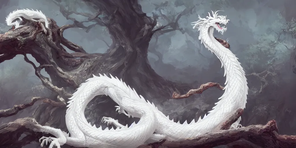 Image similar to a white chinese dragon lie on a old tree by yang qi 9 1 7, 4 k, matte paint, concept art, sharp detail, artstation