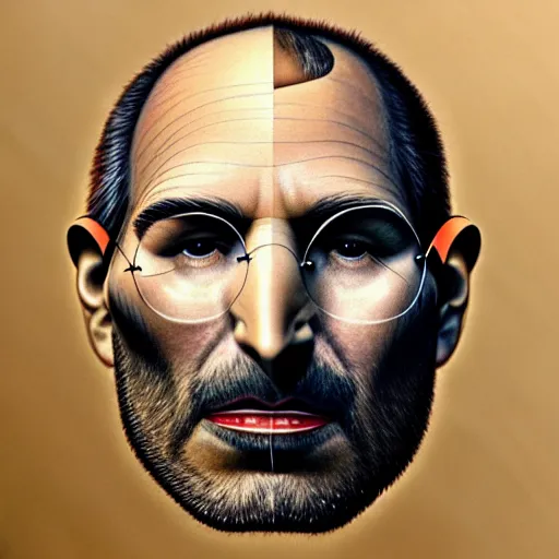 Image similar to apples arranged in the shape of a face resembling steve jobs, fantasy, intricate, elegant, highly detailed, lifelike, photorealistic, digital painting, artstation, illustration, smooth, sharp focus, art by giuseppe arcimboldo