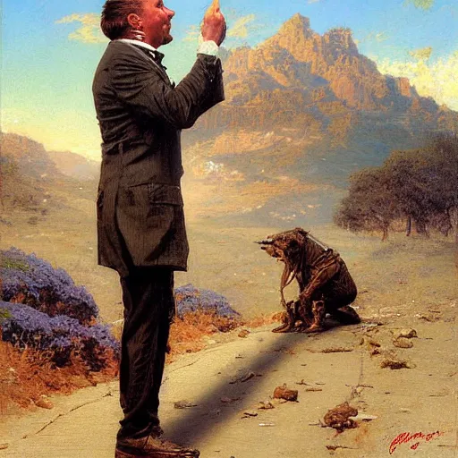 Prompt: alex jones begging for money on the side of the road, highly detailed painting by gaston bussiere craig mullins j. c. leyendecker,