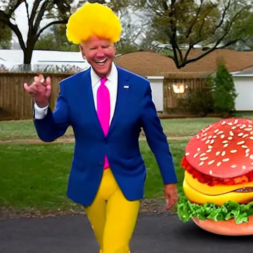 Prompt: joe biden, wearing a costume that looks like a burger, photograph, dancing, burger costume, 4 k