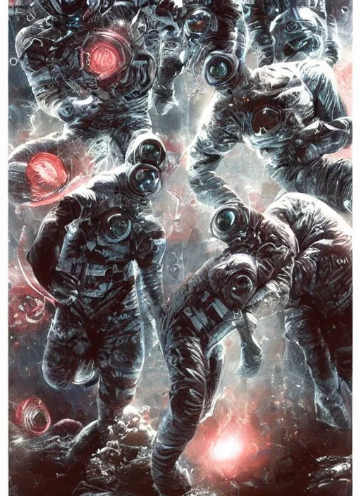 Image similar to astronauts in dark and empty void underwater - complex and hyperdetailed technical suit. reflection and dispersion materials. rays and dispersion of light. volumetric light. 5 0 mm, f / 3 2. noise film photo. flash photography. ultra realistic, wide angle. poster by wayne barlowe, hajime sorayama aaron horkey, craig mullins