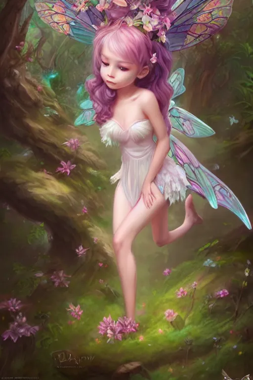 Image similar to a cute fairy in the dreamy forest, fantasy, 8 k resolution, hyper detailed, d & d, character design, digital painting, trending on artstation, sharp focus, illustration, art by artgerm, steve zheng, fuji choko, viktoria gavrilenko, hoang lap