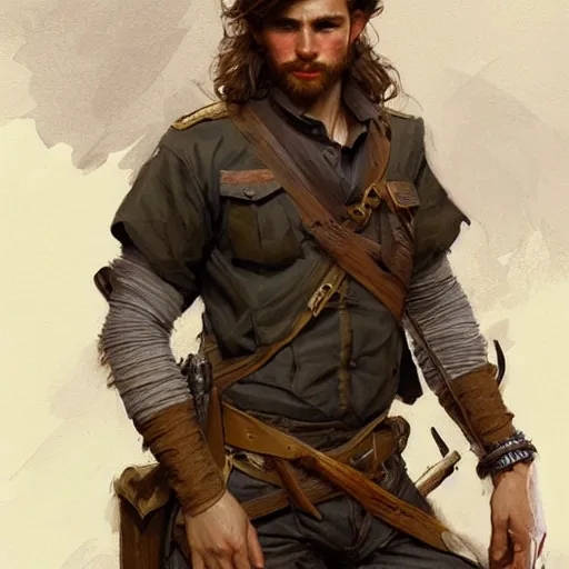 Prompt: young rugged ranger sitting by a stream, muscular thighs, D&D, fantasy, intricate, cinematic lighting, highly detailed, digital painting, artstation, concept art, smooth, sharp focus, illustration, art by Artgerm and Greg Rutkowski and Alphonse Mucha