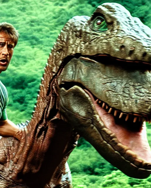 Prompt: Film still close-up shot of Dwayne Johnson and a dinosaur in the movie Jurassic Park. Photographic, photography