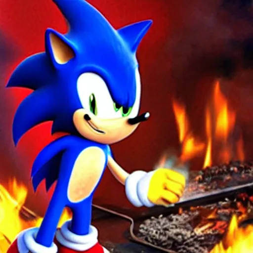 Prompt: Sonic the Hedgehog, roasting on an open fire