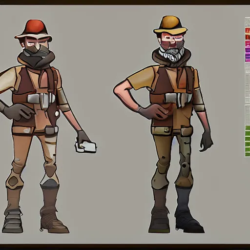 Prompt: character design of a stylized explorer and cartographer in the TF2 style