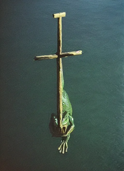 Image similar to “semitranslucent smiling frog vertically hovering over misty lake waters in crucifix pose, low angle, long cinematic shot by Andrei Tarkovsky, paranormal, eerie, mystical”