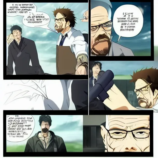 Image similar to an epic anime fight scene, walter white vs. gustabo.