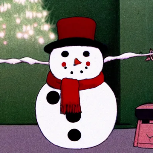 Image similar to an anime character wearing a snowman onsie, film by studio ghibli