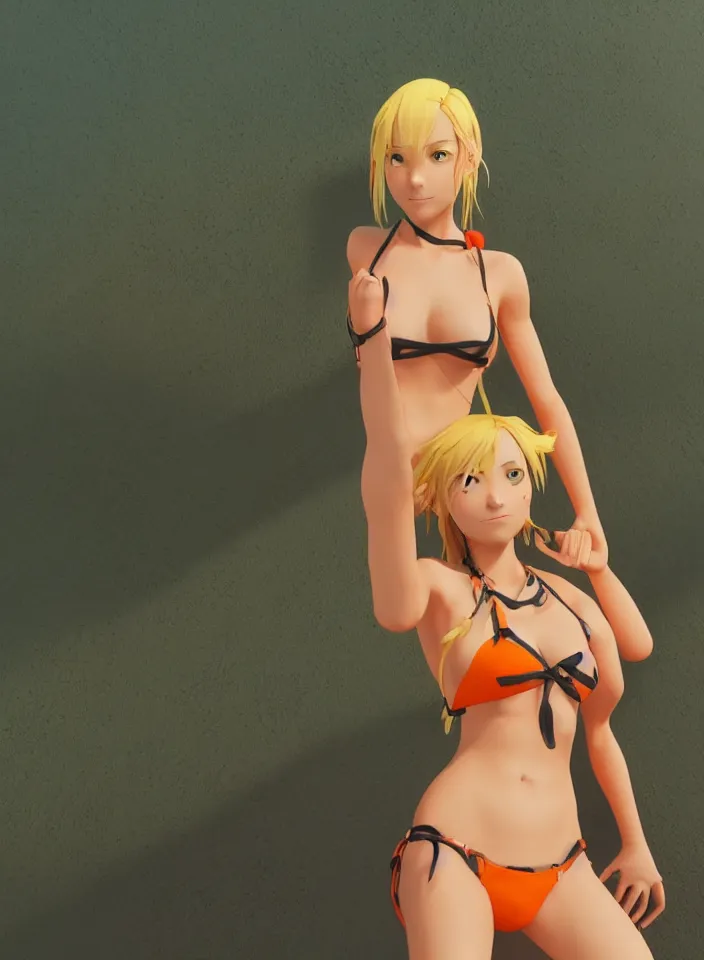 Image similar to beautiful blond woman in orange tribal bikini, blond hair pulled back off the face, green eyes, by makoto shinkai, 8 k, high resolution render, cinematic, unreal engine, clean lineart and flat color,