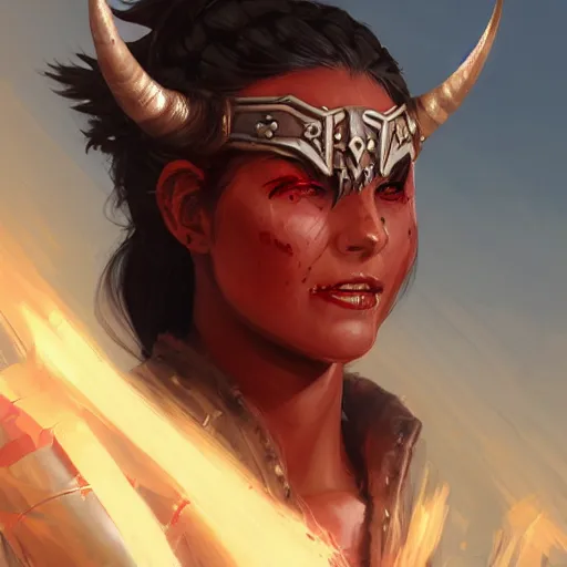 Prompt: portrait of a strong fierce female berber tiefling barbarian with red skin, devil horns and black hair in a ponytail wearing a steel chestplate in a desert, fantasy, seinen, highly detailed, digital painting, pixiv, concept art, character art, art by greg rutkowski, tyler jacobson, alphonse mucha, ross tran and makoto shinkai