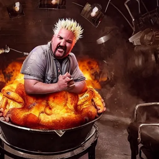 Image similar to guy fieri, turning into an eldritch horror with tentacles, sitting in a giant pan filled with boiling oil, film still from the movie directed by denis villeneuve with art direction by salvador dali