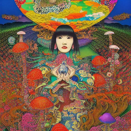 Prompt: a japanese psychedelic love goddess, a sense of awe, offering mushrooms, illustration, slime, amanita - muscaria, insanely detailed and intricate, hypermaximalist, elegant, ornate, hyper realistic, super detailed, by tadanori yokoo