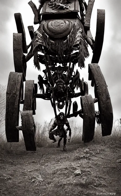 Prompt: vertical movie frame with shaman riding ancient wood buggy, hunting, armor inspired by diablo barbarian and fashion, strong blooded body, brutal blooded symmetrical face, epic, cinematic lighting, award winning, establishing shot, extremely high detail, photorealistic, brutal, provocative, natural lighting, octane render, old photo, vintage, black and white, sepia, old photography, documentary photography
