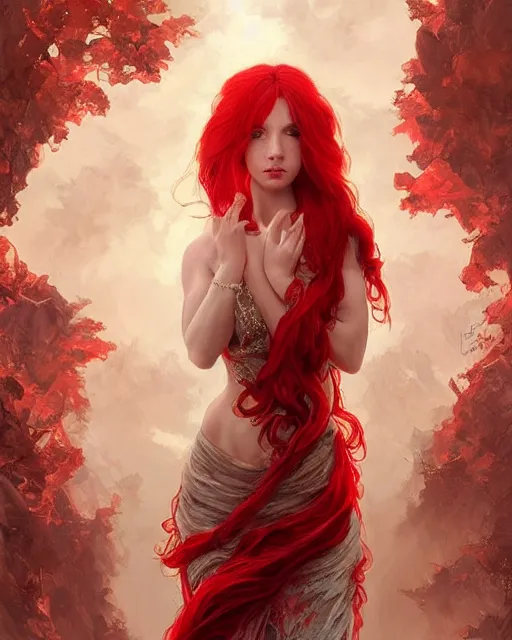 Image similar to Red haired Goddess, holds a spark of all creation in her hands, a tiny red dragonlet, intricate dress, wide angle, intricate, elegant, overdetailed, professional digital painting, artstation, concept art, smooth, sharp focus, 8K, art by artgerm and greg rutkowski and alphonse mucha and loish and WLOP