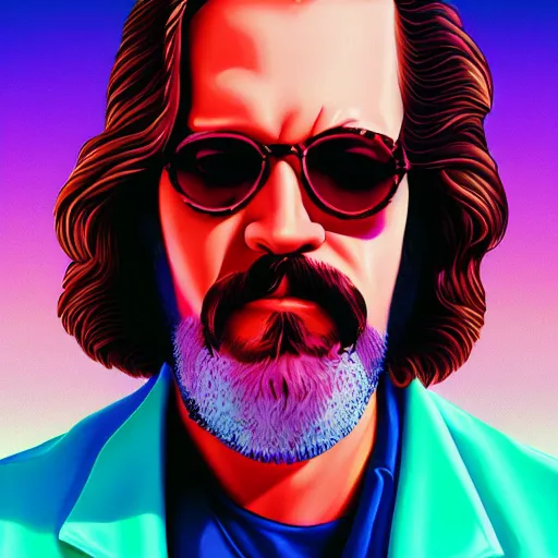 Prompt: close up vaporwave portrait of the dude from the big lebowski with sunglasses like sonny crockett. synthwave, neon, 8 k, intricate details, photorealism, beautiful painting