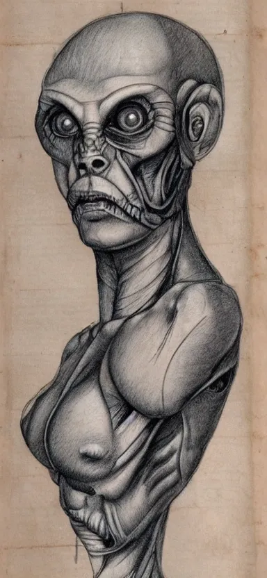 Prompt: ancient majestic, fantasy, alien, female humanoid creature, vascularity, muscular, large eyes, torso and head, bust, muscular, diagram, sketchbook, greys anatomy book, etching, intaglio, on old distressed parchment paper,