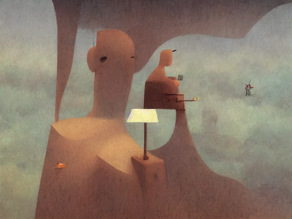 Image similar to portrait of a figure with scenery. painting by shaun tan