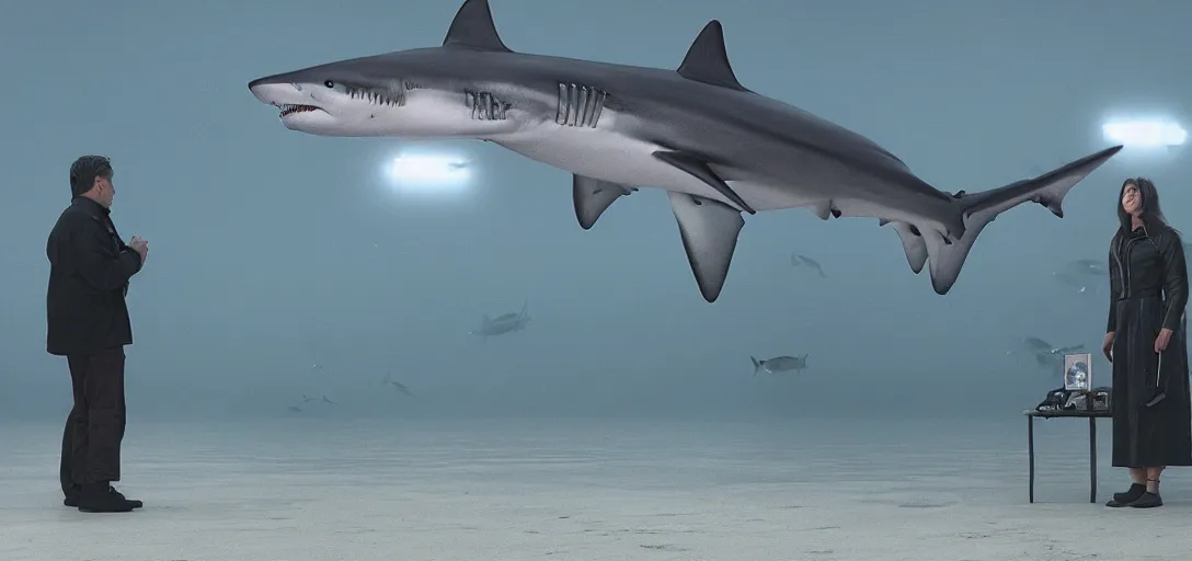 Prompt: a robotic shark painting portraits for a line of tourists, foggy, cinematic shot, photo still from movie by denis villeneuve, wayne barlowe