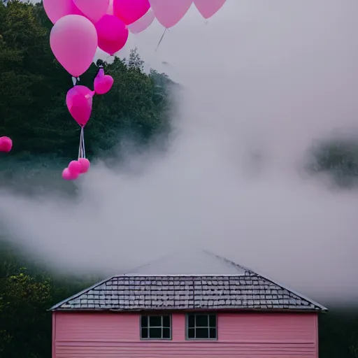 Image similar to a 5 0 mm lens photograph of a cute pink floating modern house, floating in the air between clouds, inspired by the movie up, held up from above by heart ballons. mist, playful composition canon, nikon, award winning, photo of the year