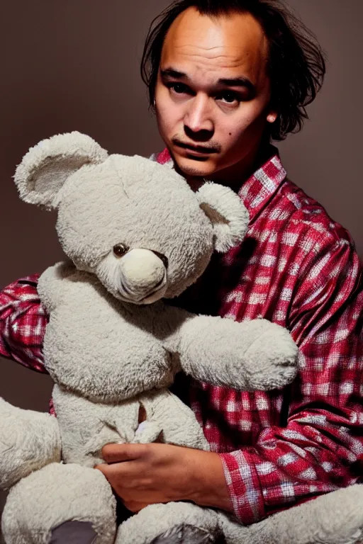 Image similar to frank dillane wearing pajamas with feet and holding a teddy bear, sleepy, adorable, cute, intricate, detailed, trending on artstation, coherent