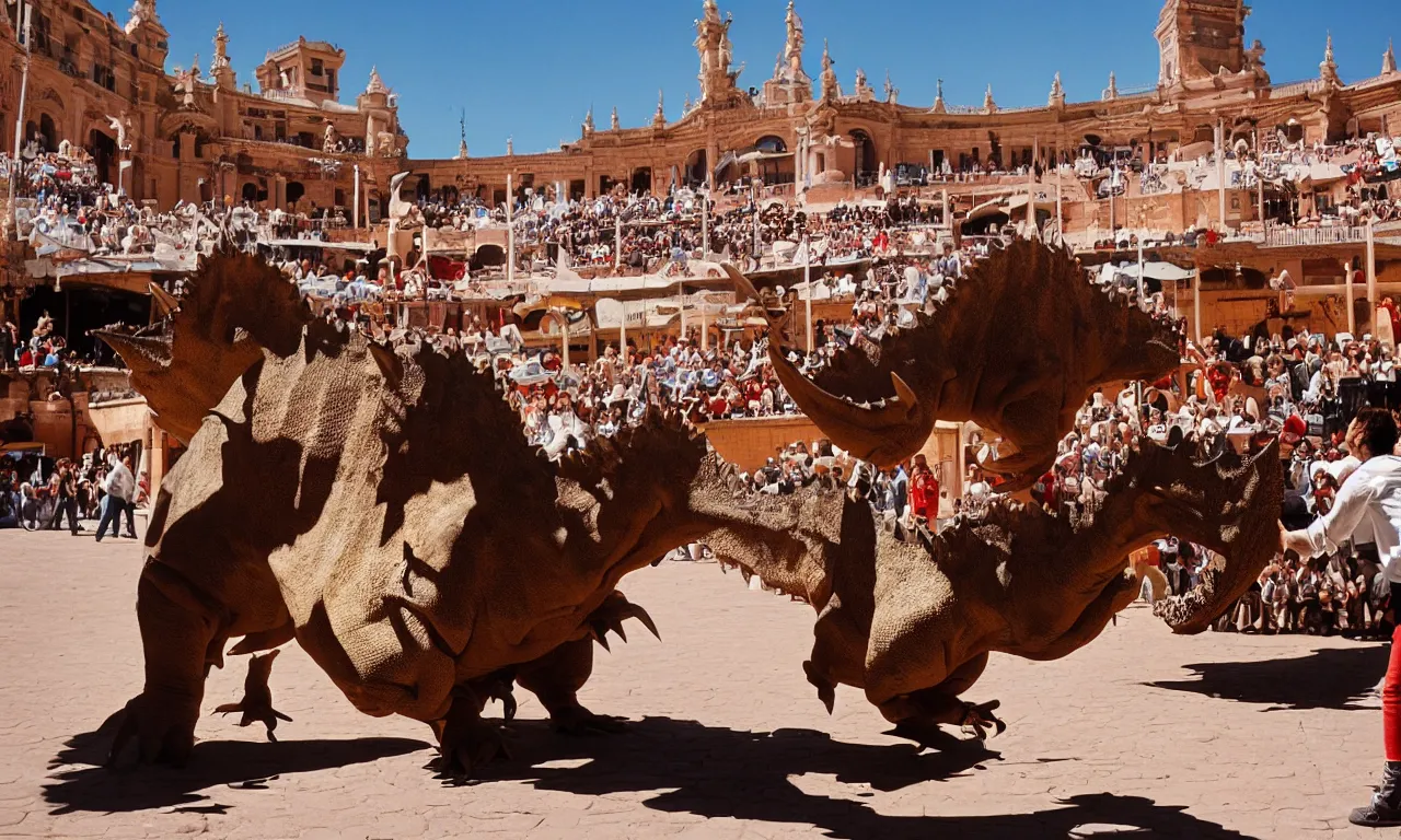 Image similar to a troubadour facing off against a horned dinosaur in the plaza de toros, madrid. extreme long shot, midday sun, kodachrome