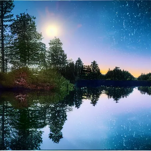 Image similar to isometric view of a lake shore, stars reflecting on the water, 4k reflection, diorama