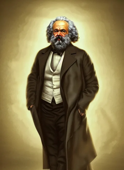 Image similar to a detailed full body painted portrait of karl marx by artist hadi karimi, wlop, artgerm, greg rutkowski, smirk expression, dramatic lowkey studio lighting, accurate skin textures, hyperrealism, aesthetically pleasing and harmonious vintage colors