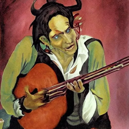 Prompt: D&D character portrait tiefling bard in a tavern playing a song but bad by josh kirby