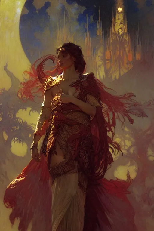 Prompt: scarlet moon sorcerer, character design, painting by gaston bussiere, craig mullins, greg rutkowski, alphonse mucha