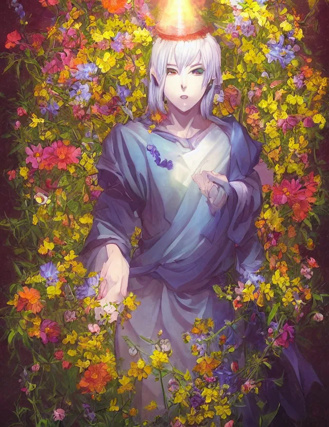 Prompt: androgynous deity of light and flowers. this oil painting by the award - winning mangaka has interesting color contrasts, plenty of details and impeccable lighting.