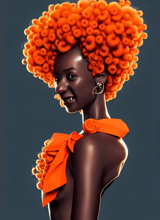 Image similar to portrait of shy black girl, realistic, bantu knots, pointy nose, lanky, smile, nerdy, defined jawline, big chin, orange hair bow, earrings, intricate, elegant, glowing lights, highly detailed, digital painting, artstation, sharp focus, illustration, art by wlop, mars ravelo and greg rutkowski