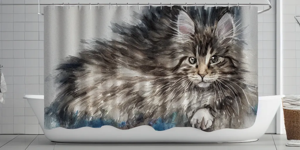 Image similar to shower curtain product catalog. on the curtain is a watercolor with ink under drawing of one maine coon kitten with its toy. wide - angle product photography, product lighting. 4 k, highly detailed. saturated.