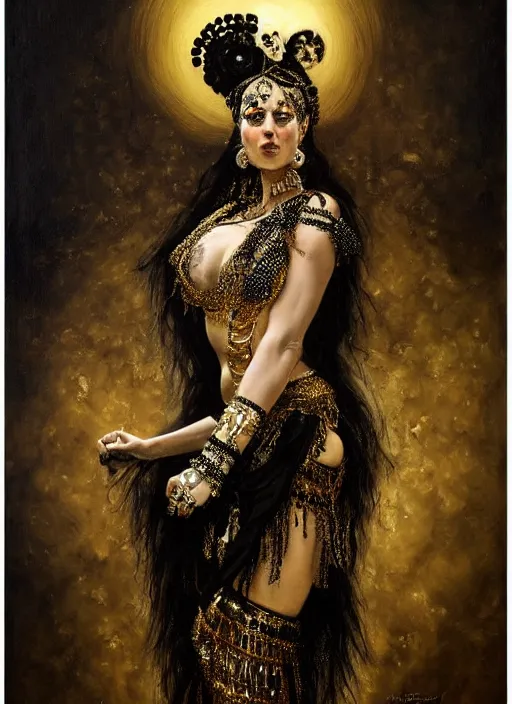 Image similar to highly detailed oil painting | very intricate | cinematic lighting | black, white and gold color scheme, dark background | tribalfusion bellydancer fully dressed by alexander mcqueen | by roberto ferri, by tom bagshaw, by singer sargent and klimt, american romanticism, occult art | by austin osman spare, artstation, cgsociety, official art, octane