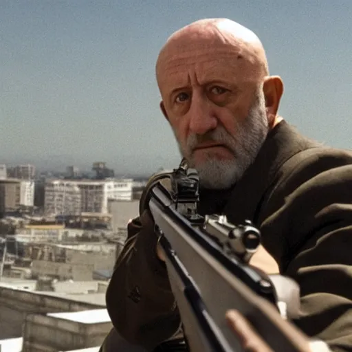 Image similar to film still of mike ehrmantraut aiming with a sniper rifle on a rooftop, 4 k, highly detailed