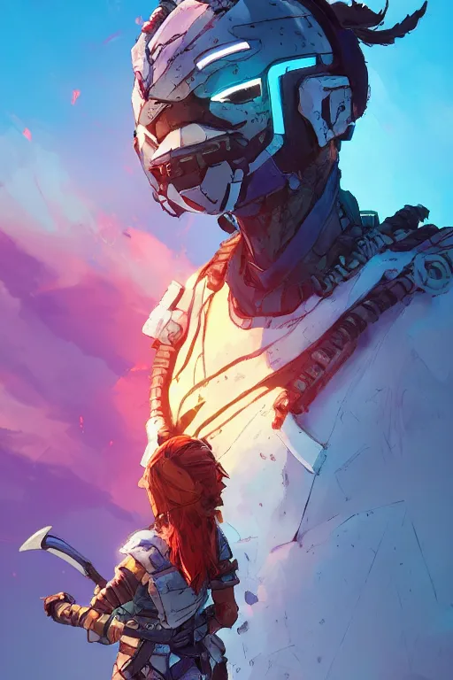 Image similar to combination suit armor aloy horizon forbidden west horizon zero dawn robot ninja mask helmet backpack tribal, art gta 5 comics, official fanart behance hd artstation by jesper ejsing, by rhads, makoto shinkai and lois van baarle, ilya kuvshinov, ossdraws radiating a glowing aura cgi rtx 2 0 2 2