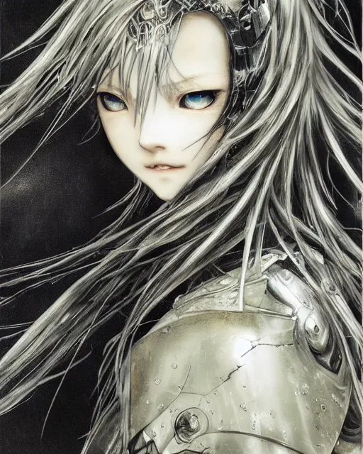 Image similar to Yoshitaka Amano realistic illustration of an anime girl with wavy white hair and cracks on her face wearing Elden ring armour with the cape fluttering in the wind, abstract black and white patterns on the background, noisy film grain effect, highly detailed, Renaissance oil painting, weird portrait angle