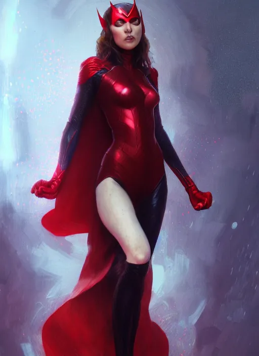 Image similar to Scarlet Witch, full body portrait, hyper detailed, digital art, trending in artstation, cinematic lighting, studio quality, smooth render, unreal engine 5 rendered, octane rendered, illustration, art by wlop and klimt and krenz cushart